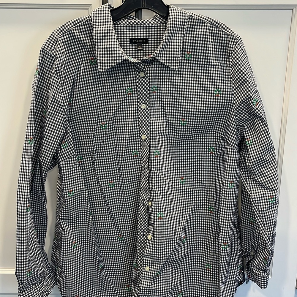 Talbots black and white checkered button down